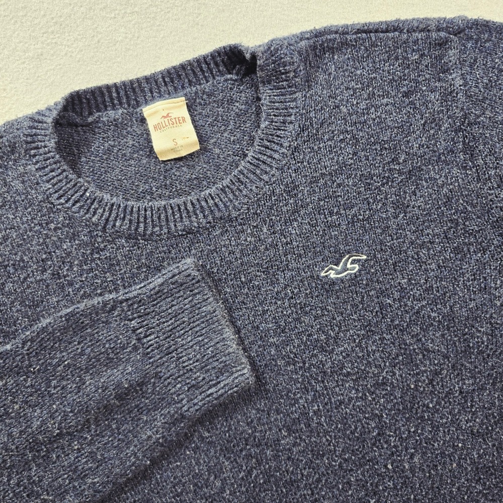 Hollister Mens Small Navy Blue Sweater Crewneck Marl Knit Logo Pullover